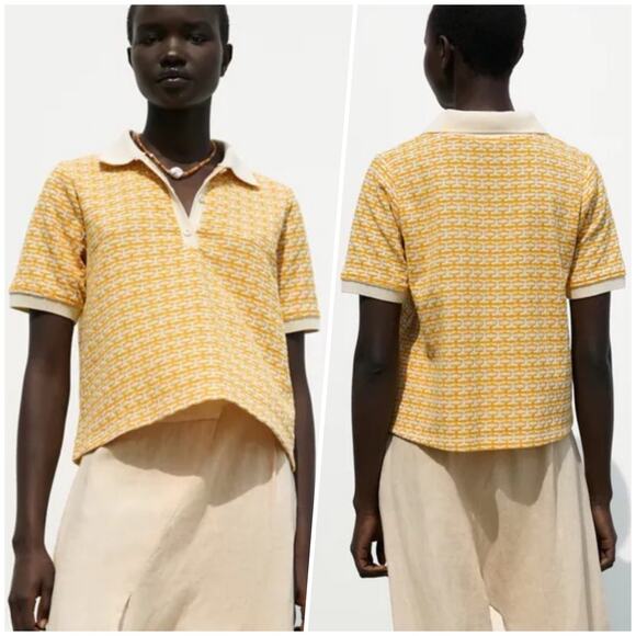 Zara | Women | Yellow Jacquard Texture Knit Cropped Polo Top | Size Small - Picture 8 of 9